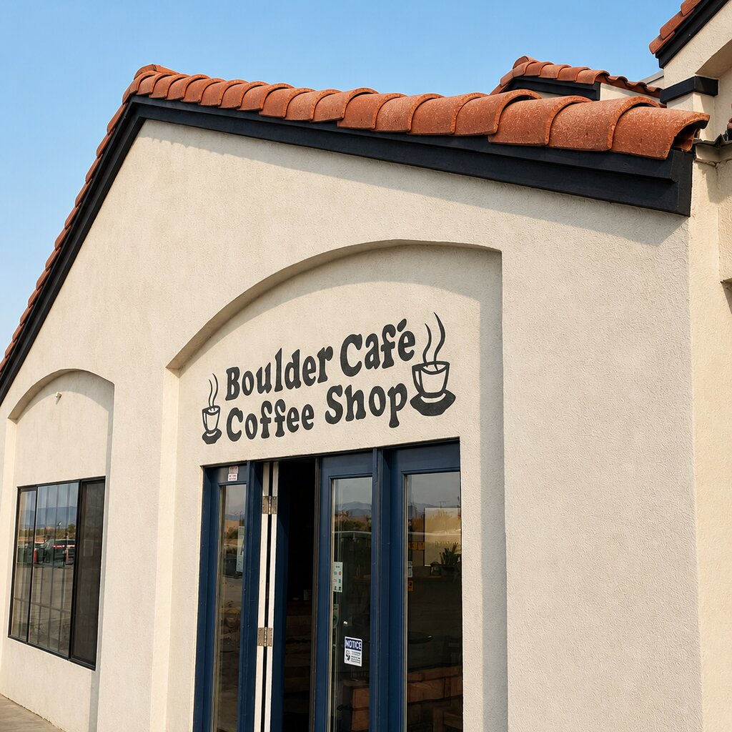 Boulder Café storefront in 29 Palms, California — Spanish-tile roof and blue glass doors near Joshua Tree